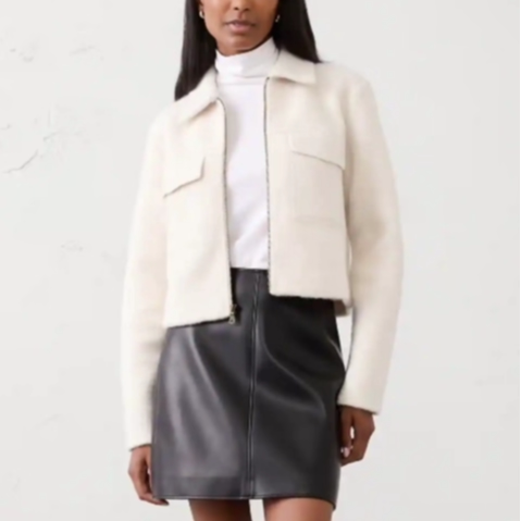 Banana Republic Women's White Woolen Zip-Up Short Jacket for Fall/Winter 25