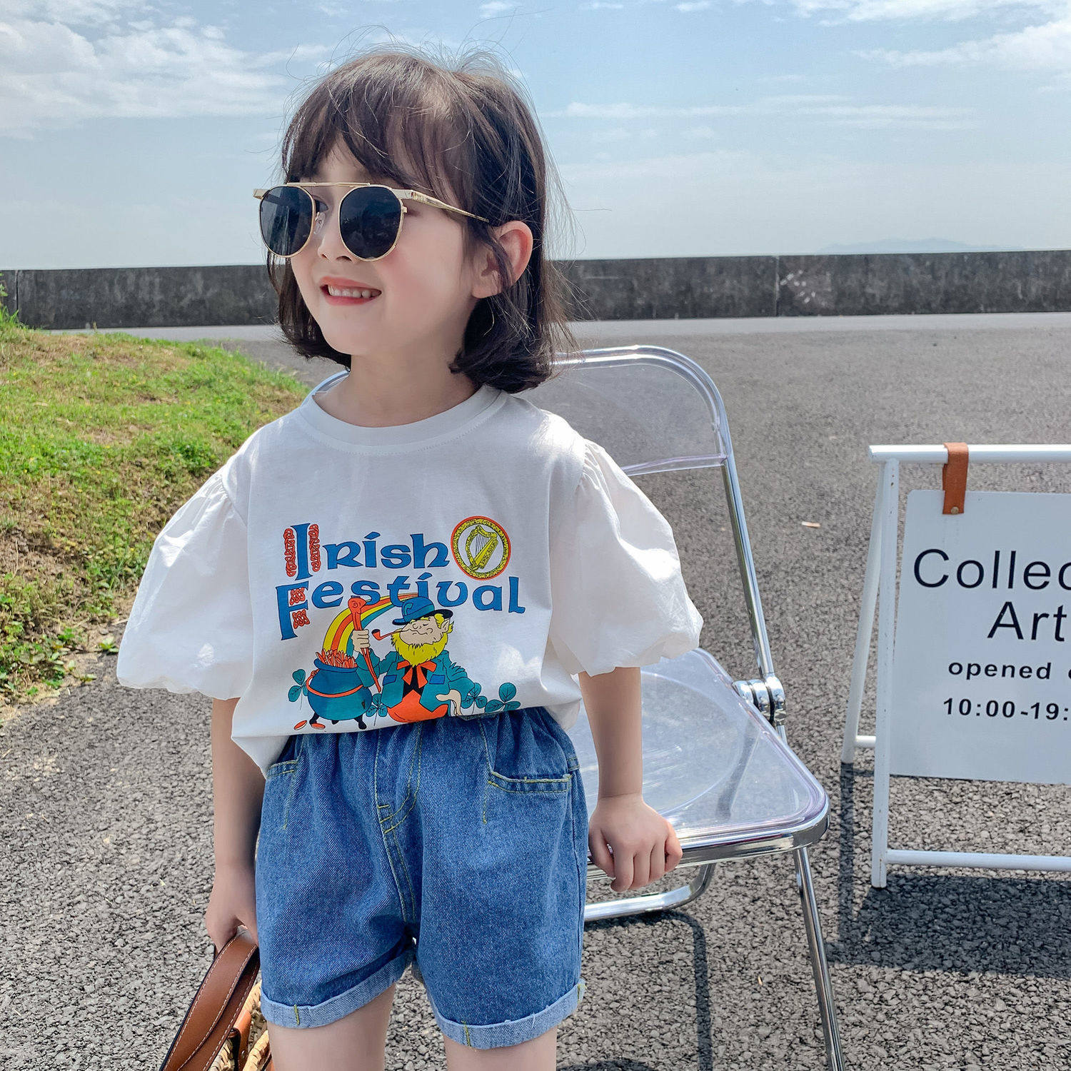 Girls' summer clothes short-sleeved summer Western style children's clothes children's summer puff sleeve t-shirt girls baby half-sleeve top fashionable t