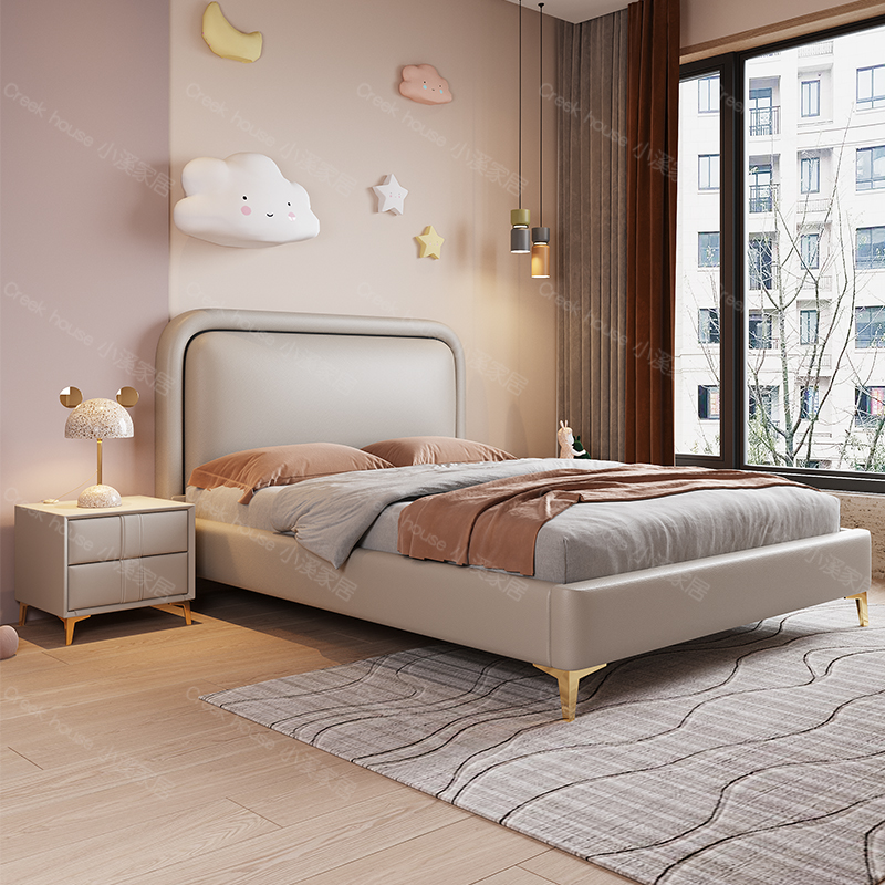 Children's bed girl princess bed boy bed light extravagant modern real leather bed master bedroom with double bed soft foreskin bed solid wood