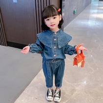 Female Baby Cowboy Suit Lotus Leaf Collar New Trendy Net Red Girl Child Foreign Air Korean Version Spring Autumn Two Sets Ebb