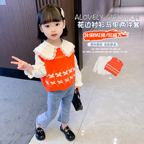 Girl Spring Autumn Shirt Long Sleeves Lace Collar Children Foreign Air Knit Sweater Waistcoat Waistcoat two sets of girl blouses