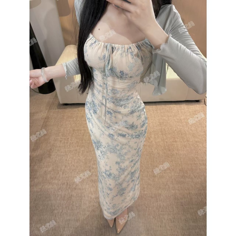 【Mint Mambo】Summer New Floral Slim-Fit Slimming Spaghetti Strap Straight Long Dress Xy-432