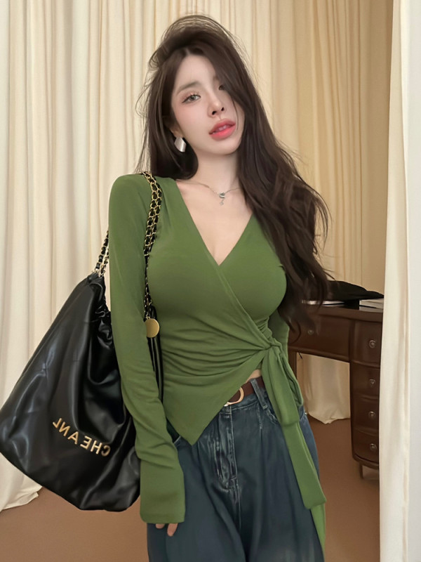 Pure Desire Style Long-Sleeved V-Neck Spicy Girl T-Shirt for Women, New Autumn Style, Waist-Cinching, Slim-Fitting, Sexy Top with Irregular Tie-Up Design