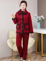 Middle-aged and elderly womens corduroy cotton coat suit plus velvet fashionable mothers winter coat cotton jacket and cotton trousers two-piece set thickened and warm