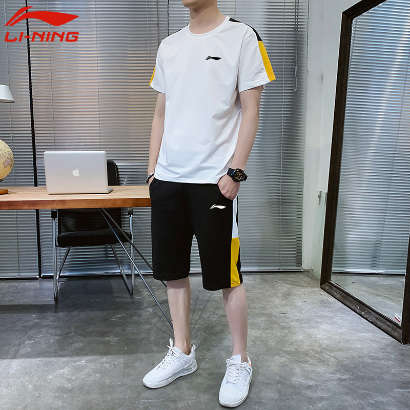 Li Ning Sports Suit Men's Summer New Pure Cotton Two Sets Loose Increase Code Short Sleeve Shorts Casual Sportswear