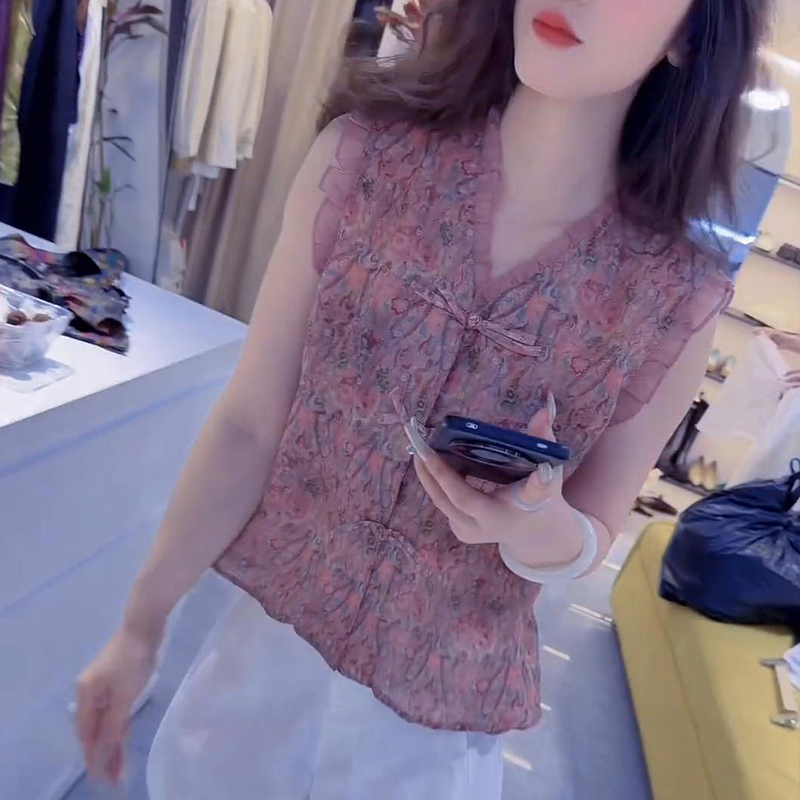 V-Neck Ruffled Floral Sleeveless Blouse, Summer Thin Style, Elegant, Age-Reducing, Versatile, Retro Slimming Shirt for Women