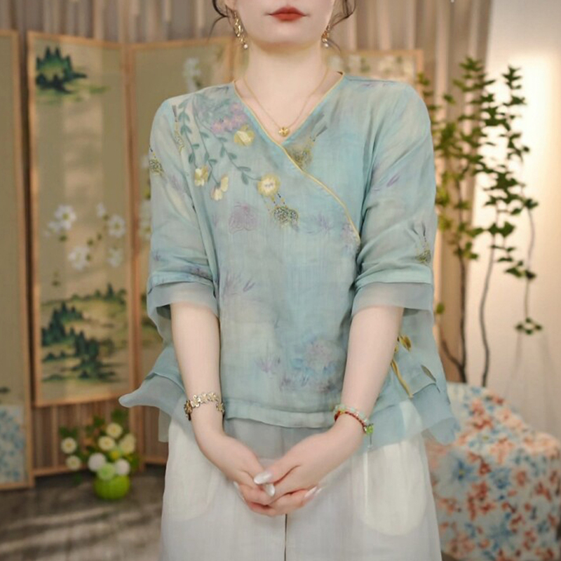 Heavy-Duty V-Neck Embroidered Shirt, 2026 Summer New Style, Fashionable and Elegant, Age-Reducing, Versatile, Chinese Style Diagonal Placket Blouse Top Heavy-Duty V-Neck Embroidered Shirt, 2026 Summer New Style, Fashionable and Elegant, Age-Reducing, Versatile, Chinese Style Diagonal Placket Blouse Top