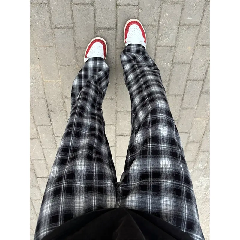 Cleanfit Black and White Plaid Pants for Men, Autumn and Winter Checkered Wide-Leg Pants, Relaxed and Lazy Straight-Leg Long Pants, Versatile