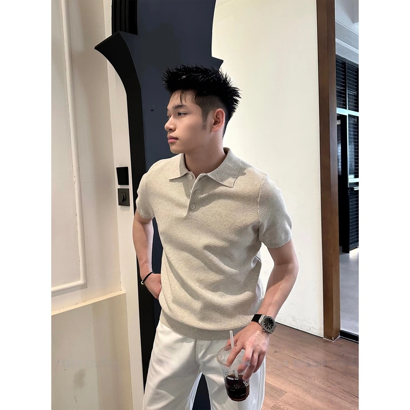 Spring/Summer Old Money Relaxed Lazy Texture Solid Color Lapel Men's Sweater Polo Knitwear Versatile Simple Trendy