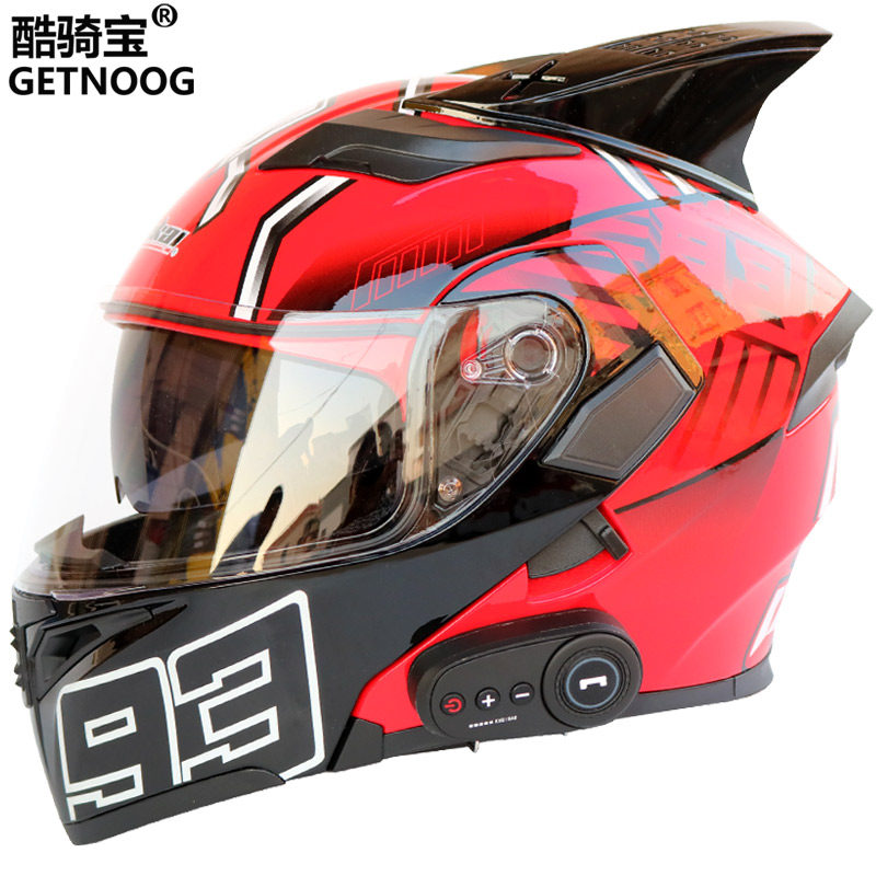 Cool Ride Electric Motorcycle Helmet Bluetooth Intelligent Unveiling Helmet Men and Women Two Lens Locomotive Full Helmet Gray Strap