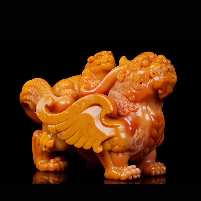 ラオス石螭虎穿環桃花凍田黄高級印材箱付き書道篆刻落款雅号