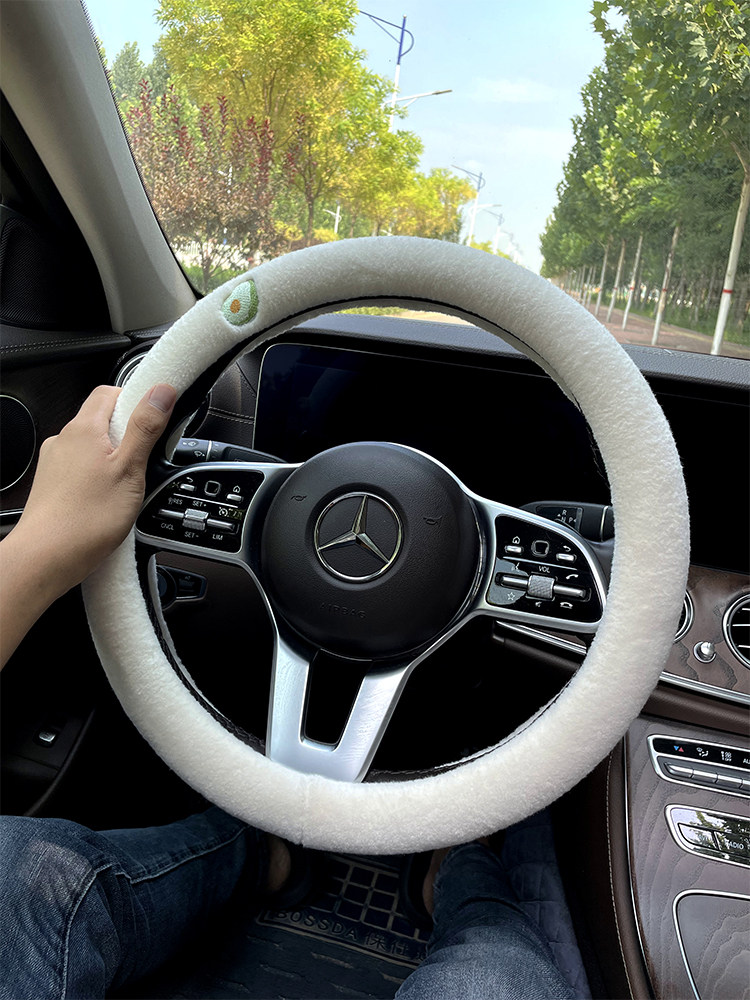 Winter Car Steering Wheel Cover Short Plush Warm Simple Embroidery Cute Non-Slip Unisex Handlebar Cover D-Shaped