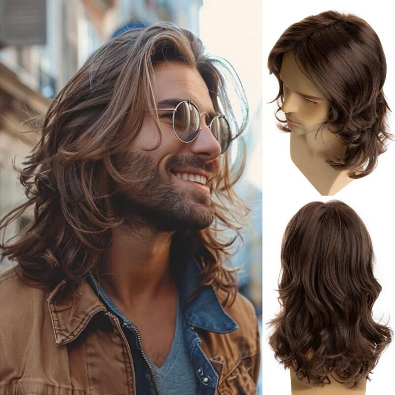 New Wig European and American Style Men's Wig Brown Middle-Parted Medium-Length Curly Hair Natural Curly Wig in Stock