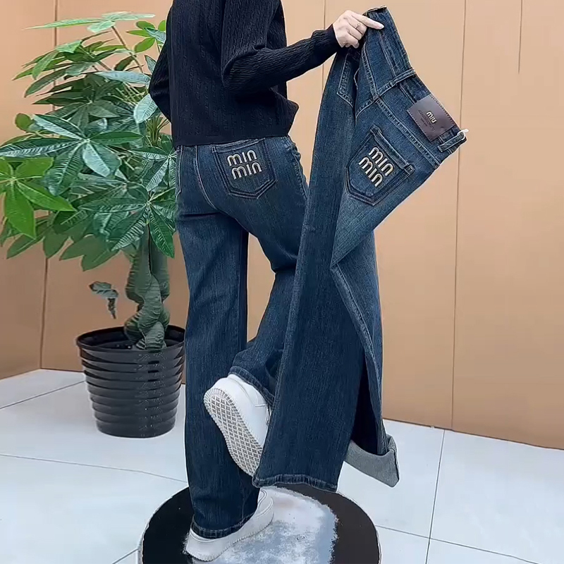Blue High-Waisted Stretchy Slim Straight-Leg Jeans for Women, Autumn and Winter, Fleece-Lined, Versatile, Plus-Size, Loose, Slimming Long Pants