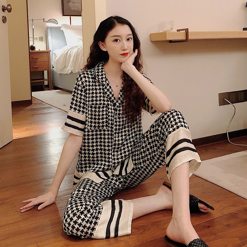 Sandro Vicari Thousand Bird Iced Silk Pyjamas 2021 Summer new thin loose Lazy Wind Home Clothes