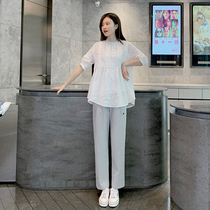 Pregnant women fashion suit summer dress new Korean loose thin foreign style hot mother cotton shirt casual pants two-piece set