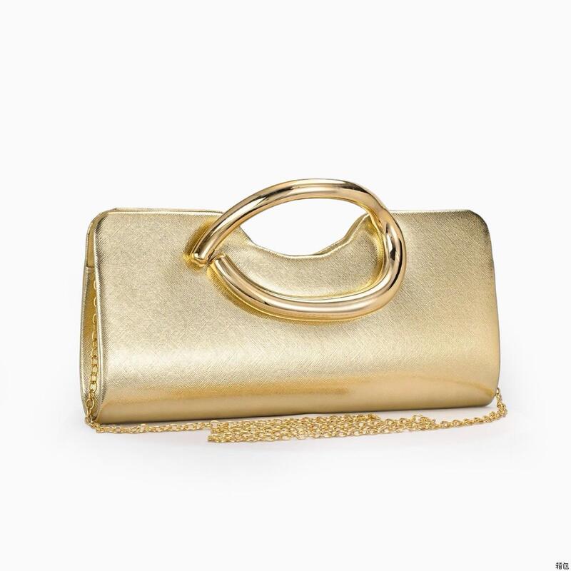 Popular Gold Leather Evening Bag for Women, New Cross-Border Style with Metal Ring Clasp, Simple and Fashionable Clutch Bag for Parties and Dresses Popular Gold Leather Evening Bag for Women, New Cross-Border Style with Metal Ring Clasp, Simple and Fashionable Clutch Bag for Parties and Dresses