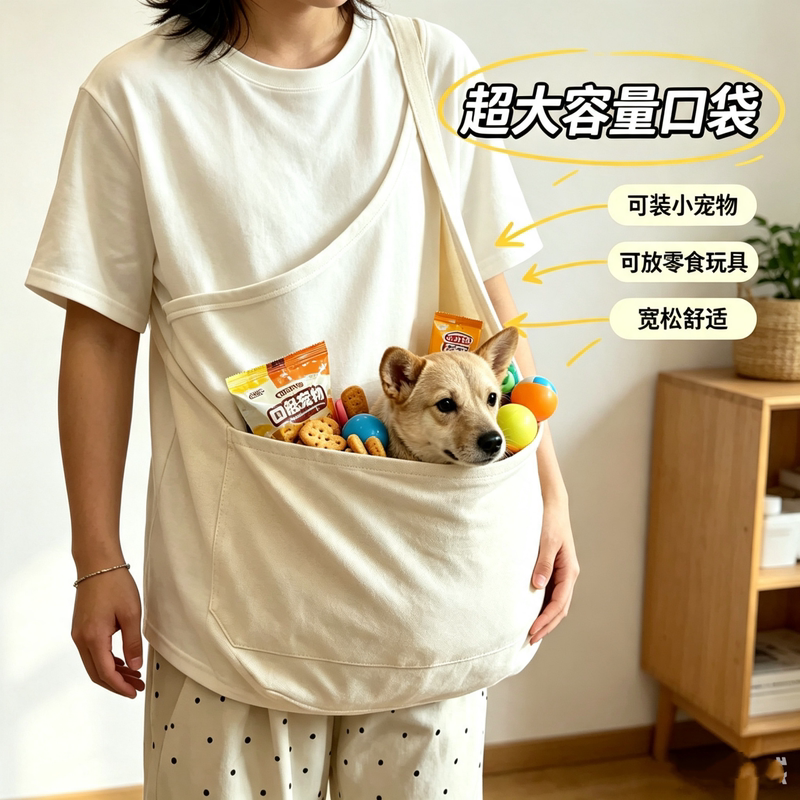 Large Pocket Short-Sleeve T-Shirt Can Hold Clothes for Cats and Dogs, Phone, Pet Kangaroo Bag, Practical for Carrying Pets When Going Out