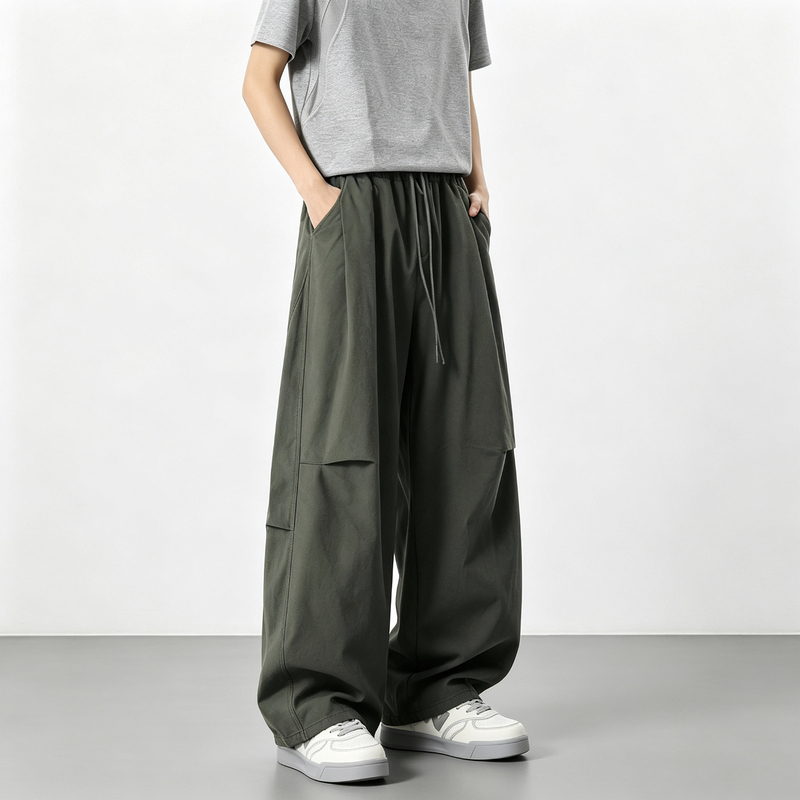 American-Style Deconstructed Workwear Scimitar Pants for Men, Autumn Pleated Silhouette, Drapey Wide-Leg Pants, Straight Loose Casual Long Trousers