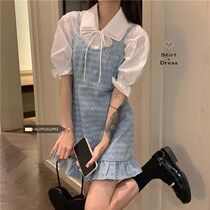 Net Reddits Suit Woman Early Autumn Salt Department Reduced Age Small Sub Harnesses Korean Version Design Sense Shirt Dress two pieces
