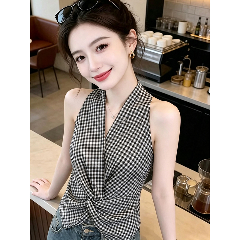 French Retro Style Plaid Halter V-Neck Twist Vest for Women, New Summer Slim-Fit Sleeveless Outerwear Top