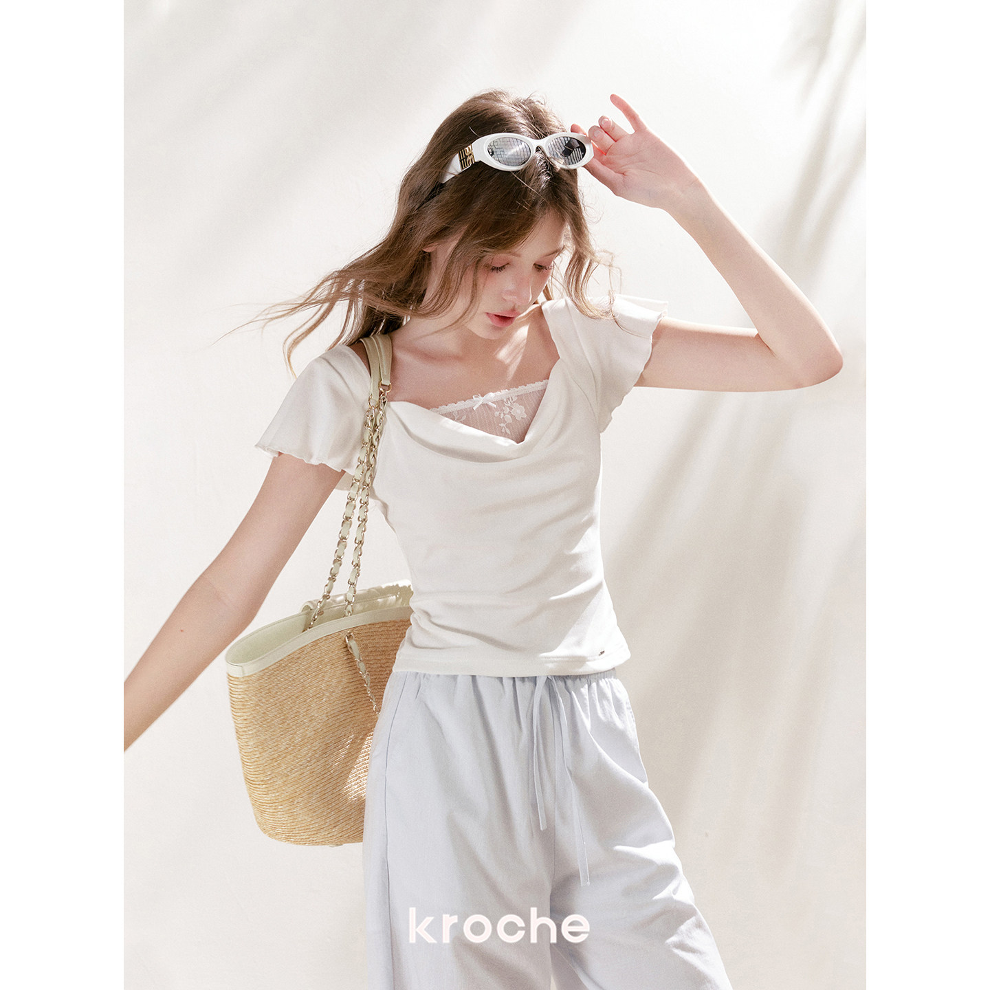 KROCHE レース 重ね着風 半袖 Tシャツ KEC8089