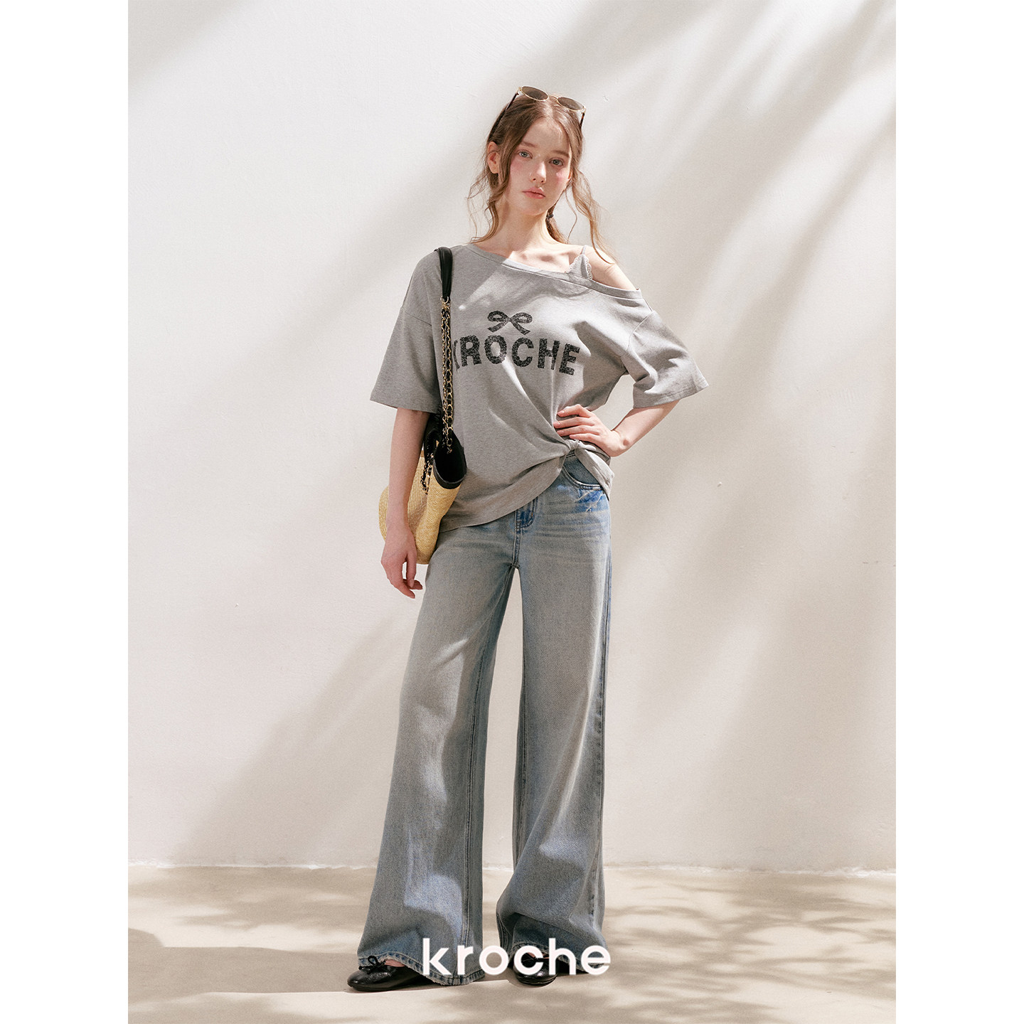 KROCHE レース オフショルダー プリント 半袖 Tシャツ KEC7070