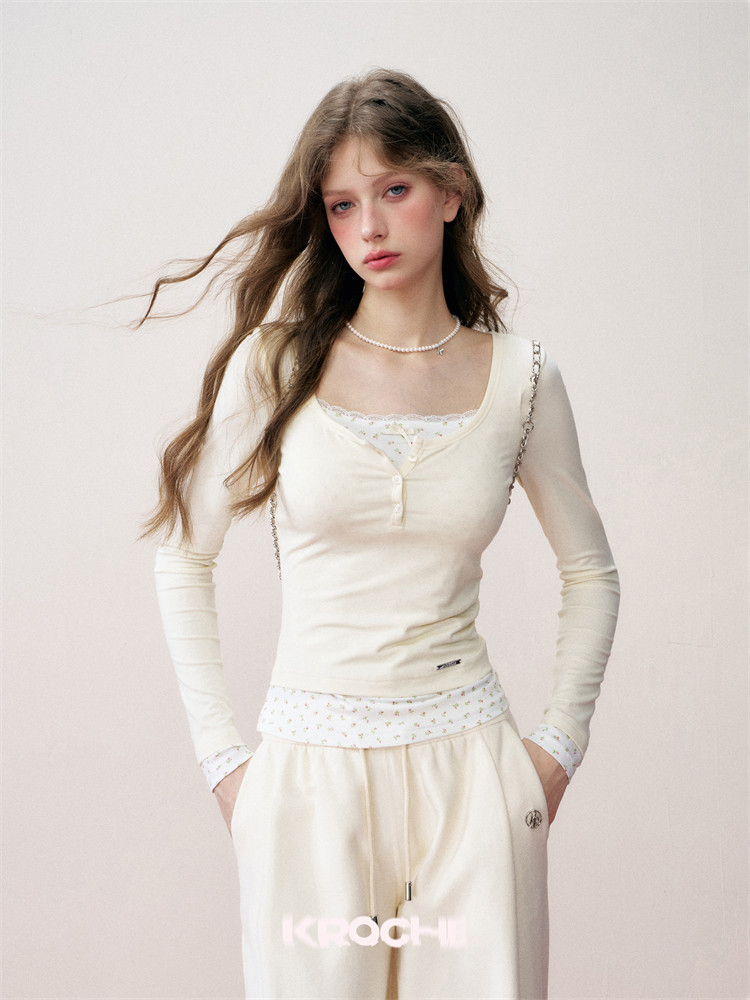 KROCHE レース 重ね着風 長袖 Tシャツ KB4012