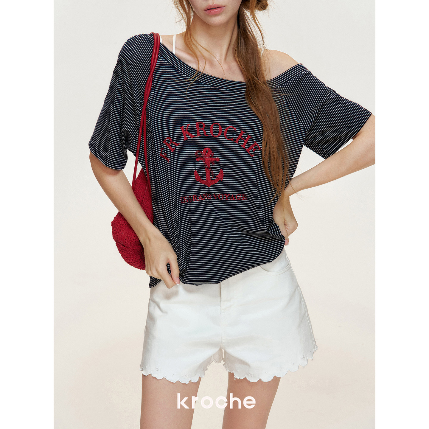 KROCHE アシンメトリー ストライプ 刺繍 配色 Tシャツ KEC9024