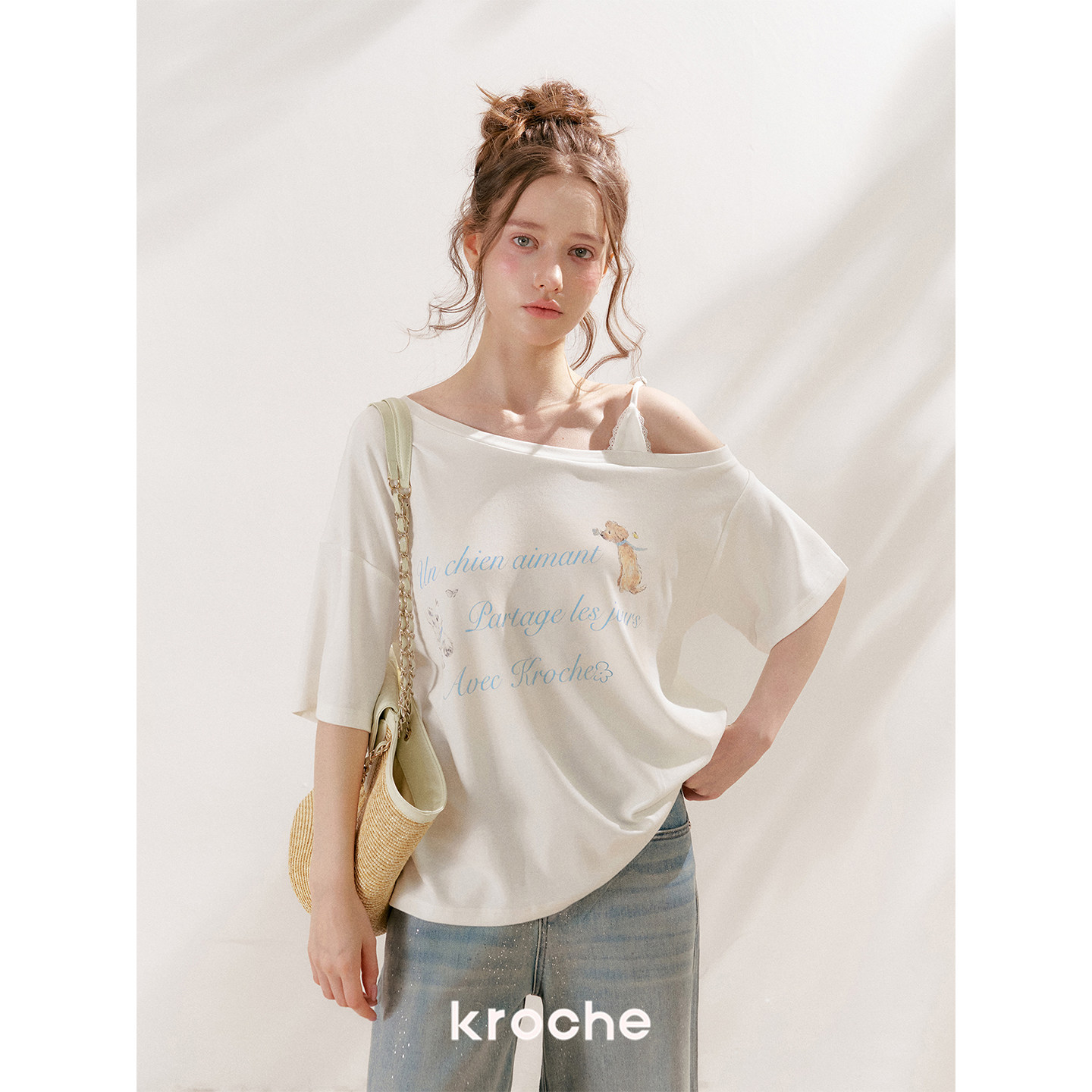 KROCHE レース アシンメトリー プリント Tシャツ KEC8077