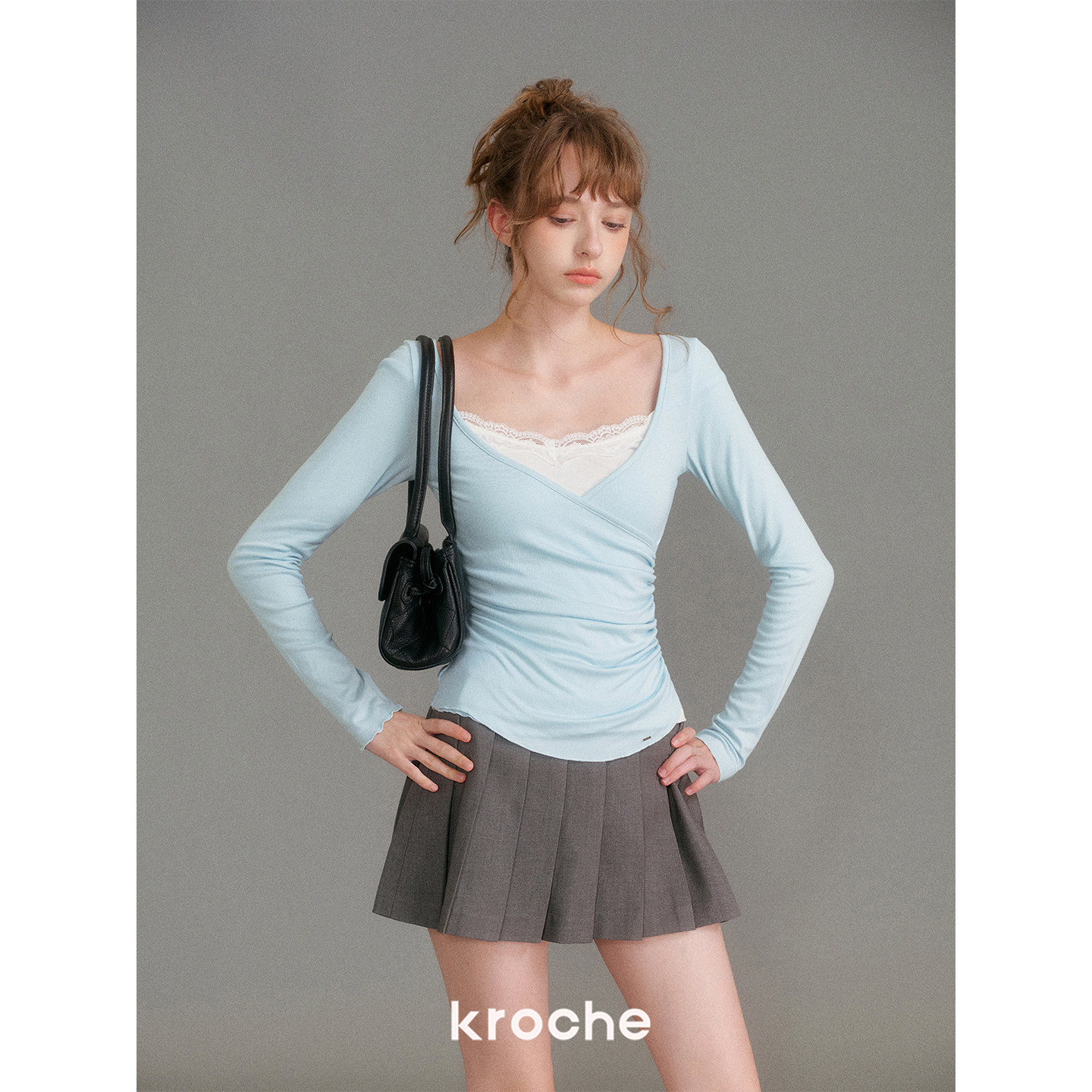 KROCHE レース Vネック 重ね着風 長袖 Tシャツ KE3100
