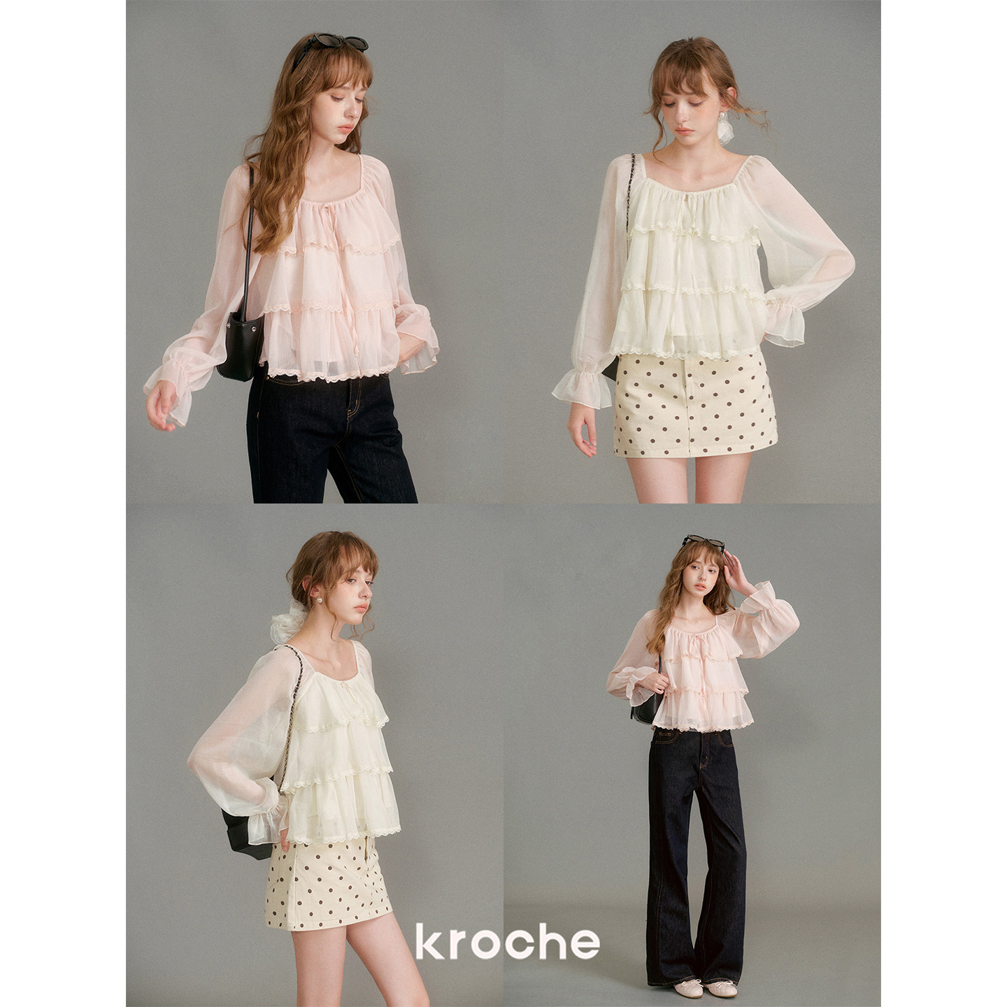 KROCHE フリル スクエアネック ティアード 長袖 ブラウス KWF3041