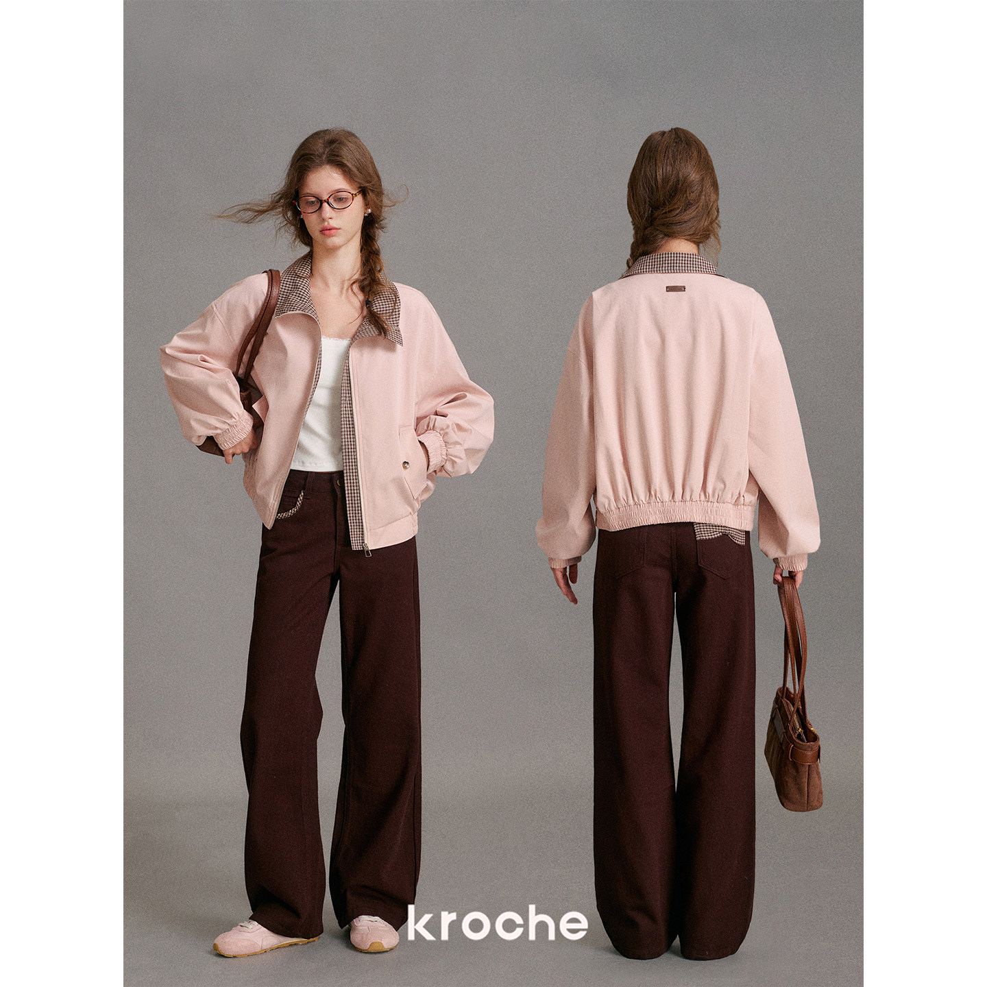 KROCHE リボン チェック 配色 デニム デニムパンツ KN3047