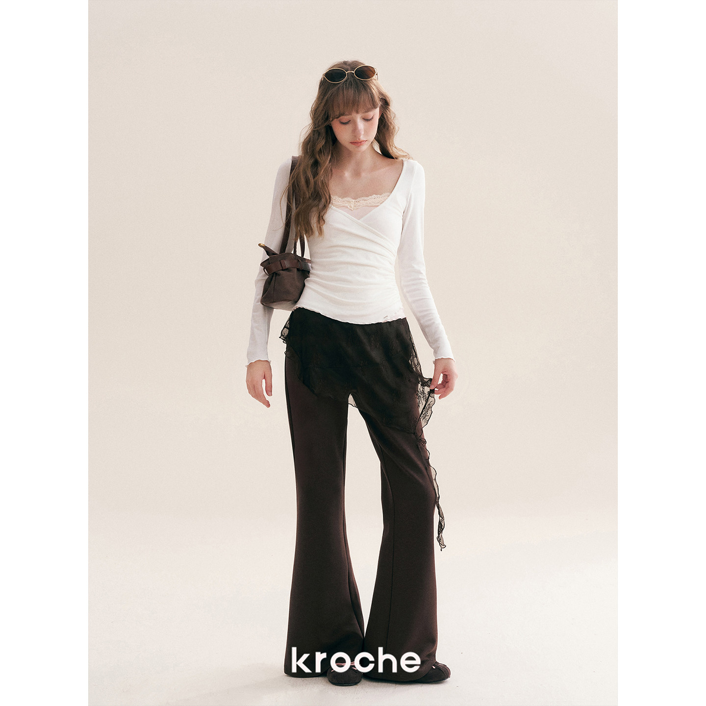 KROCHE レース Vネック 重ね着風 長袖 Tシャツ KE3100