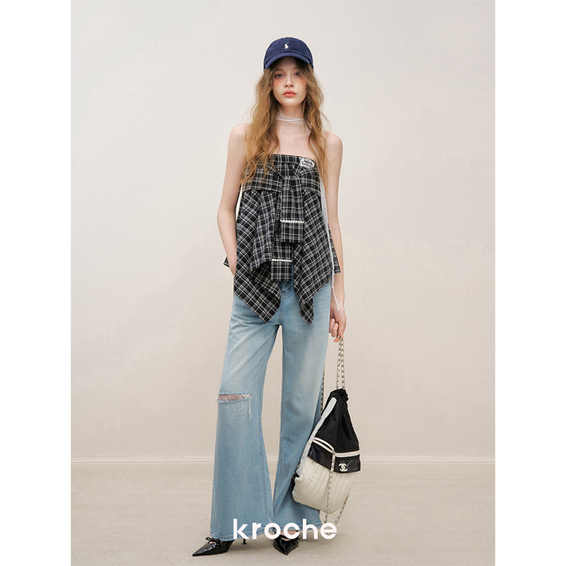 KROCHE レース デニム ハイウエスト ワイド デニムパンツ KN2002