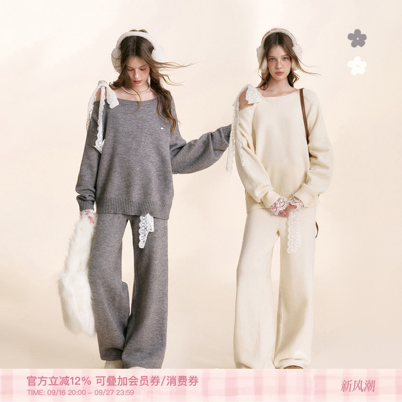 Amy's Same Style Kroche Wool Blend Lace-Up Off-Shoulder Loose Knit Sweater and Wide-Leg Pants Set