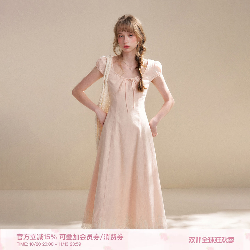Kong Xuer's Same Style Kroche "Custom-Dyed Ramie Cotton" French Lace Trim Waist-Cinching A-Line Long Dress Kong Xuer's Same Style Kroche "Custom-Dyed Ramie Cotton" French Lace Trim Waist-Cinching A-Line Long Dress