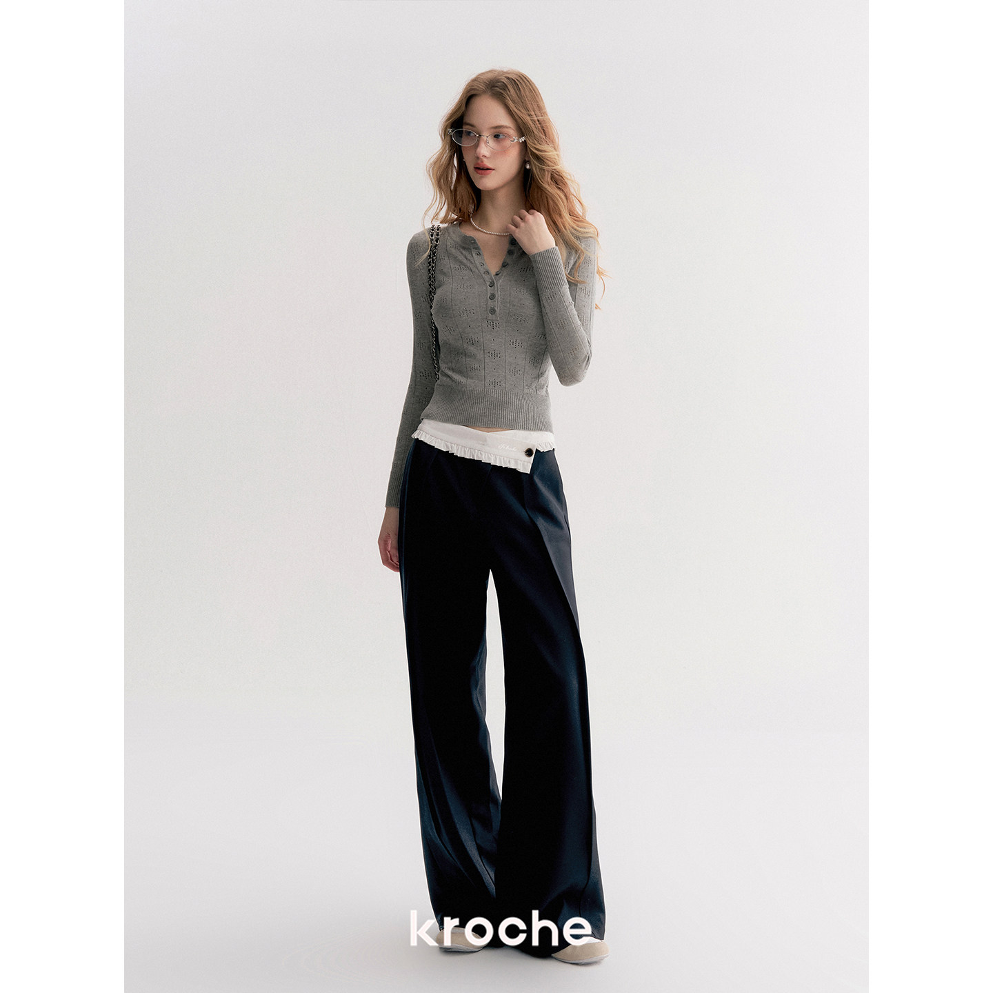 KROCHE 配色 ストレート アシンメトリー パンツ KL9012