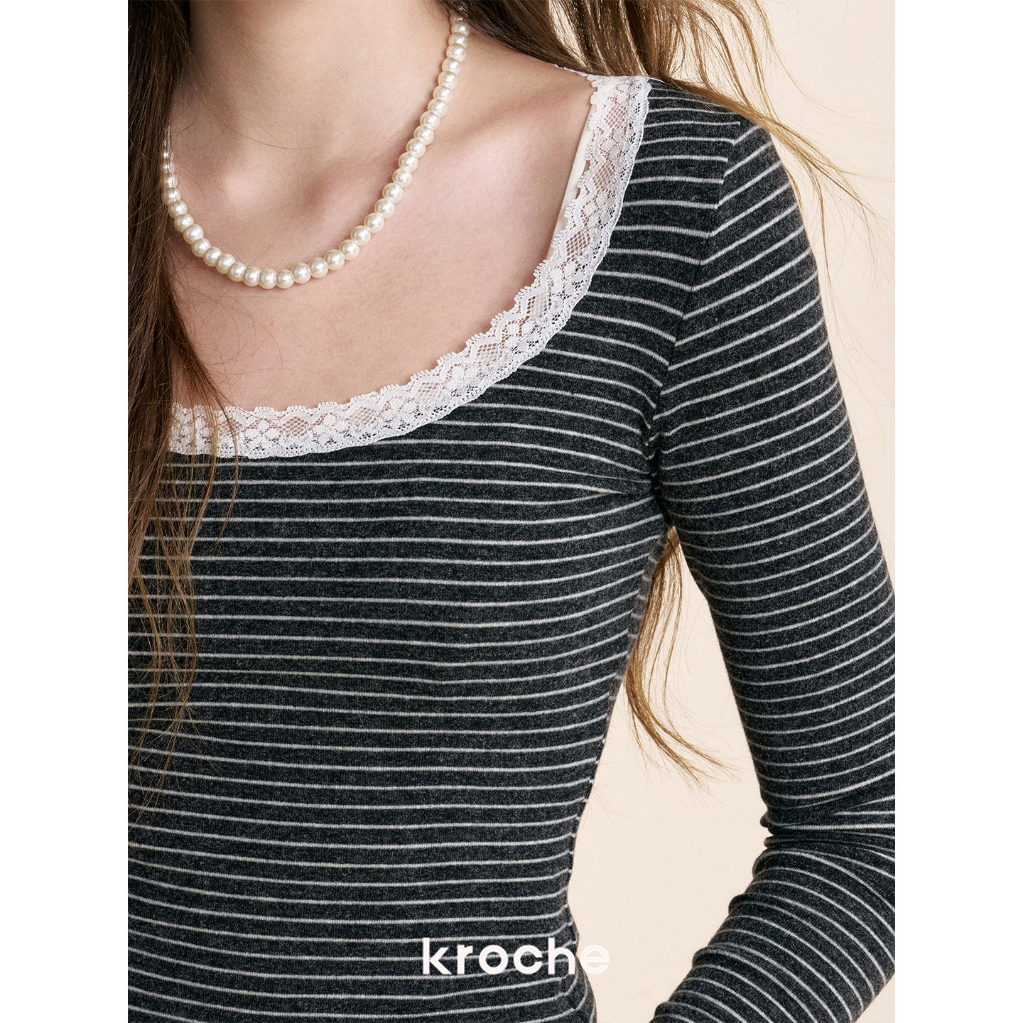 KROCHE レース ストライプ 配色 長袖 Tシャツ KE8040
