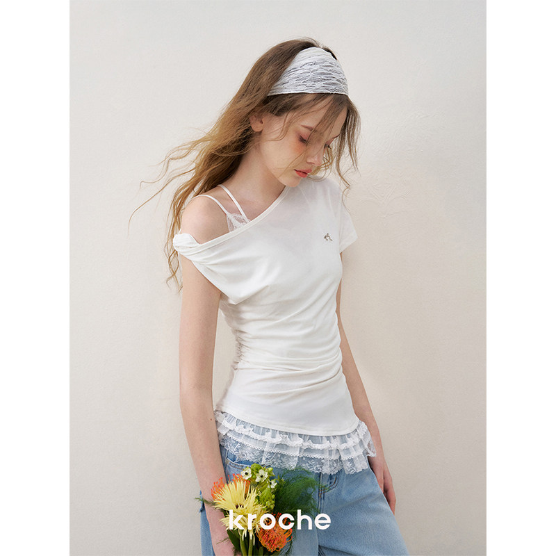 KROCHE レース アシンメトリー 半袖 Tシャツ KEC8005