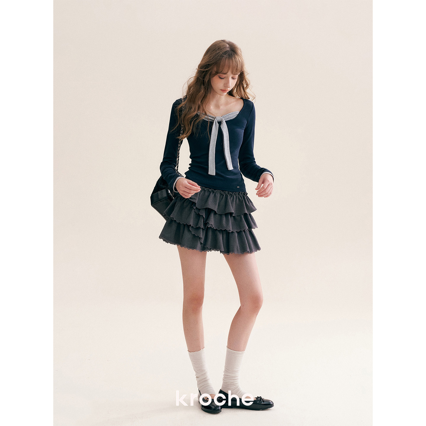 KROCHE スクエアネック ストライプ 重ね着風 長袖 Tシャツ KE3098