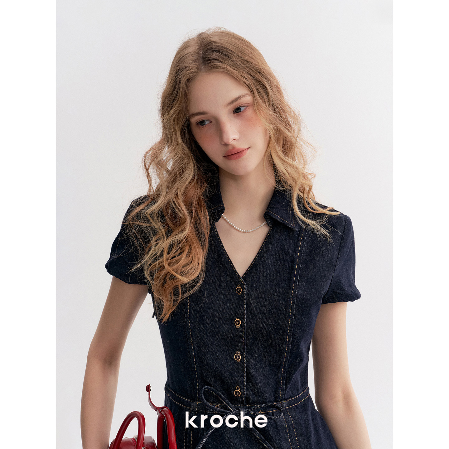 KROCHE Vネック デニム ワンピース KR9041