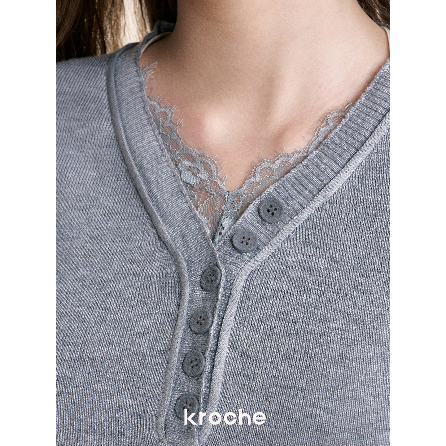 KROCHE レース Vネック 長袖 ニット KE8041