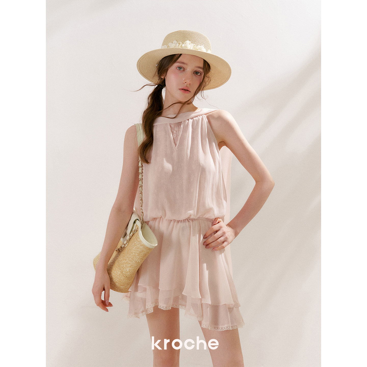 KROCHE レース Vネック ホルターネック ワンピース KR6101