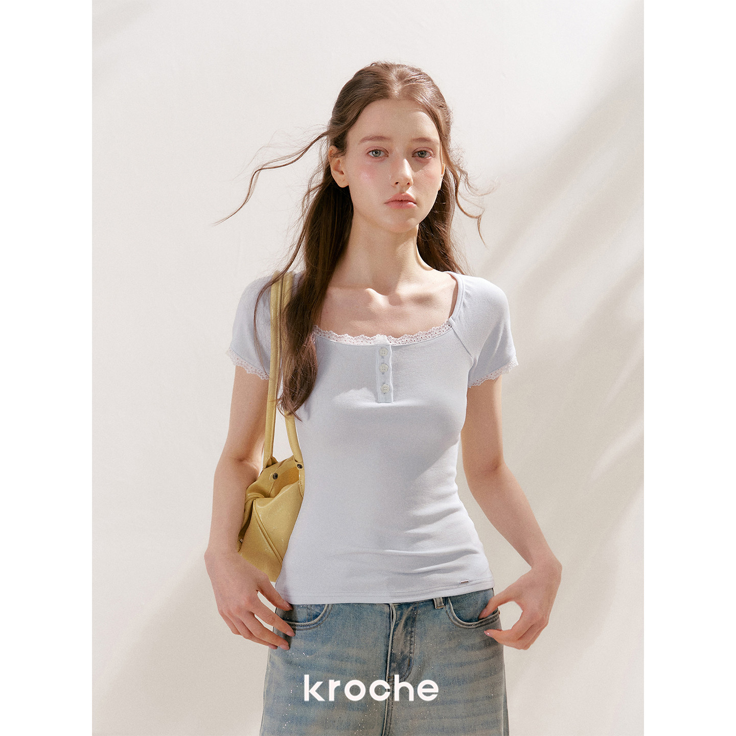 KROCHE レース スクエアネック 半袖 Tシャツ KEC2066