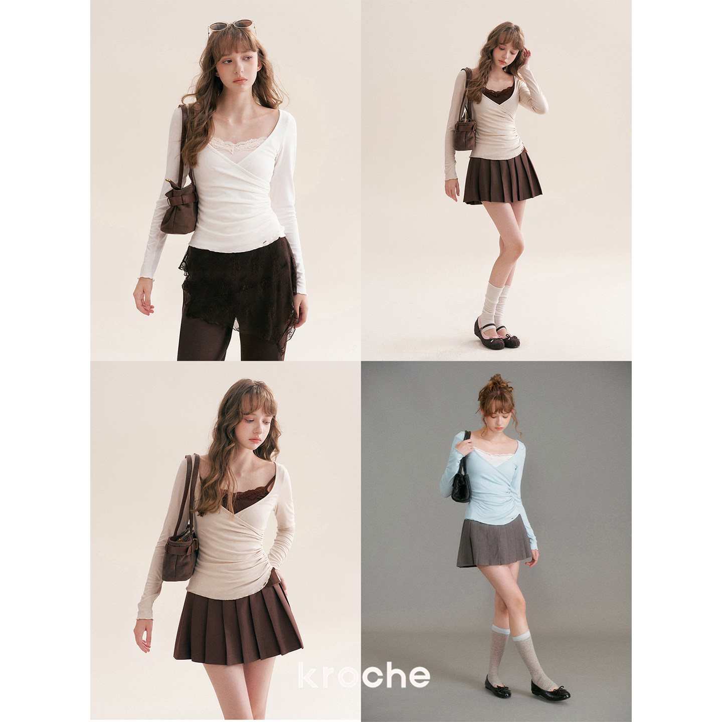 KROCHE レース Vネック 重ね着風 長袖 Tシャツ KE3100