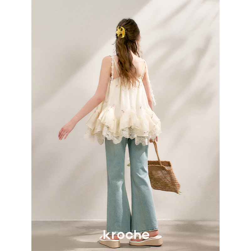 KROCHE レース デニム ハイウエスト デニムパンツ KN2003