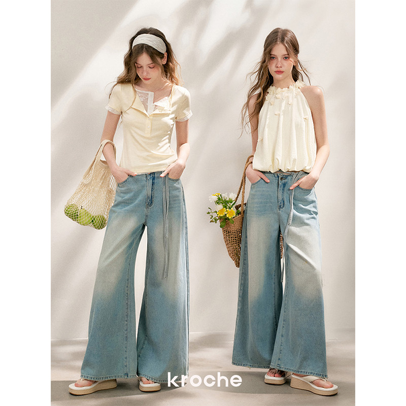 KROCHE リボン 透かし編み デニム ワイド デニムパンツ KN2005