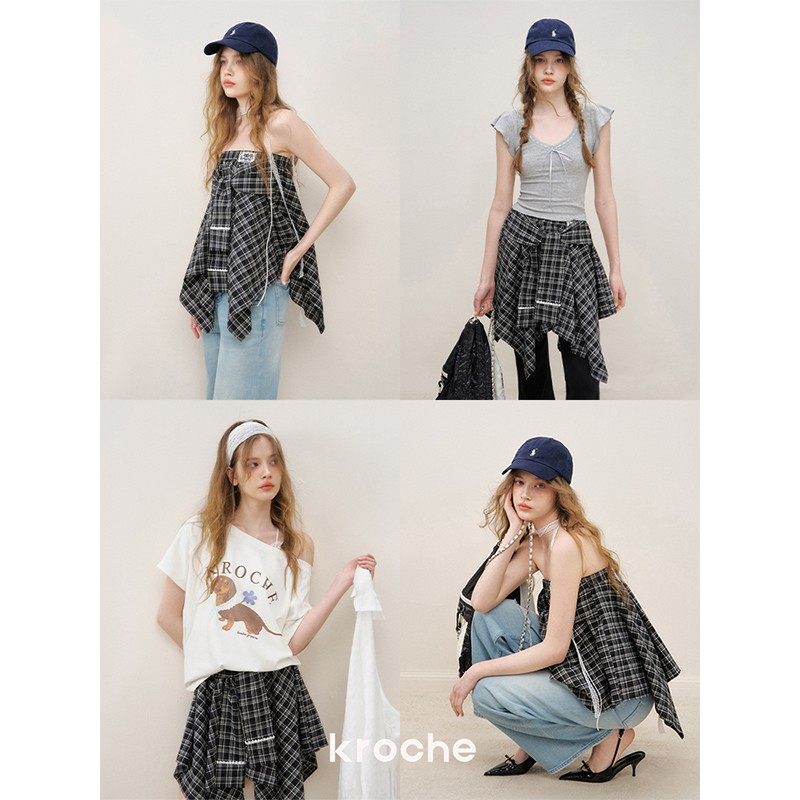KROCHE レース チェック アシンメトリー スカート KDC9003