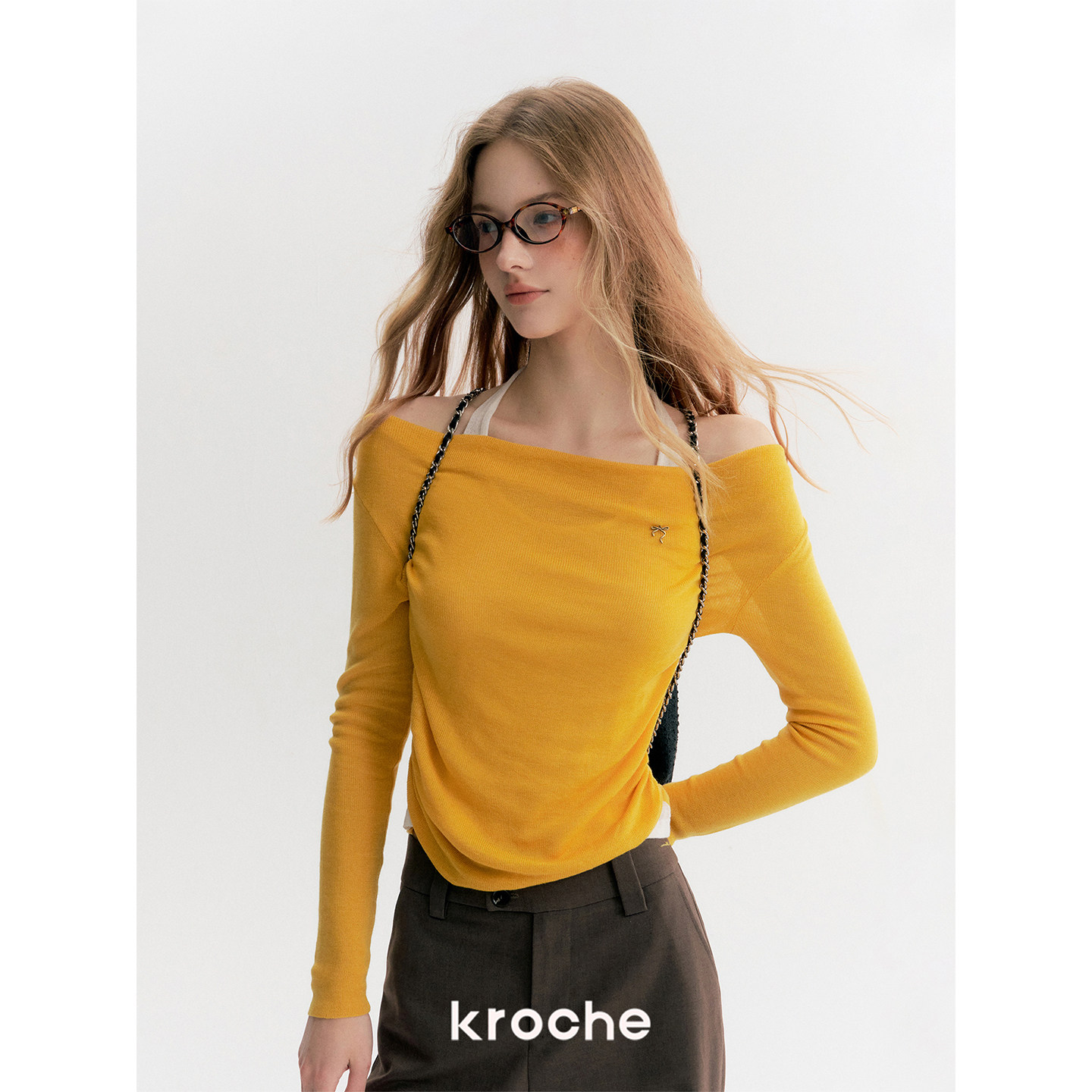 KROCHE オフショルダー ホルターネック 重ね着風 ニット KP8012